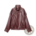 Women black faux leather moto jacket featuring a maroon faux leather high collar side zipper and elasticated cuffs