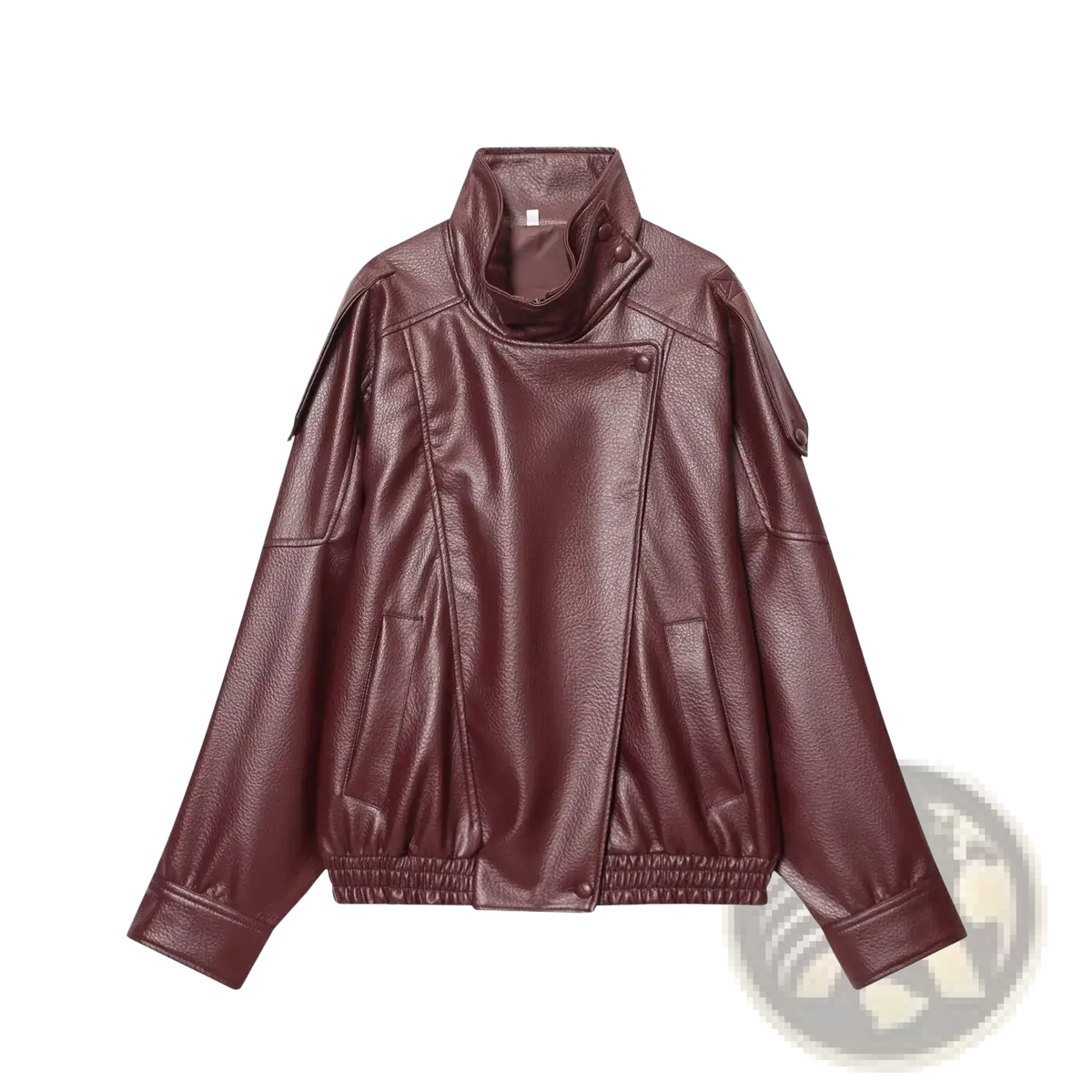 Women black faux leather moto jacket featuring a maroon faux leather high collar side zipper and elasticated cuffs