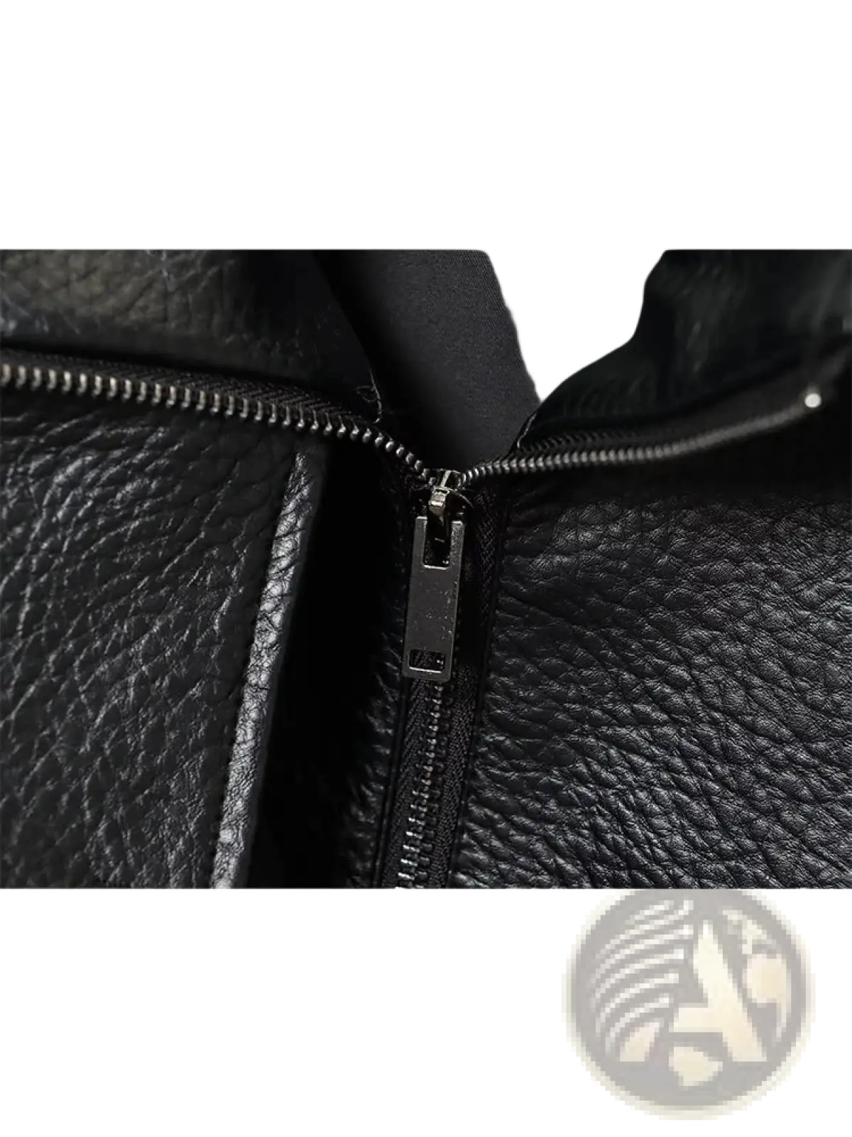 Women black faux leather moto jacket close up of textured zipper with matte black pull tab
