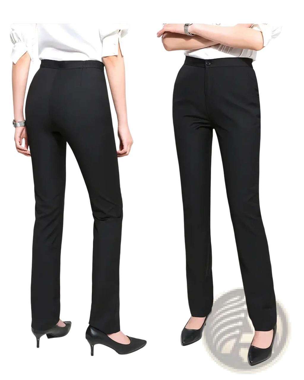 Women black formal office trousers with high-waisted tailored design and sleek straight-leg cut with subtle creasing