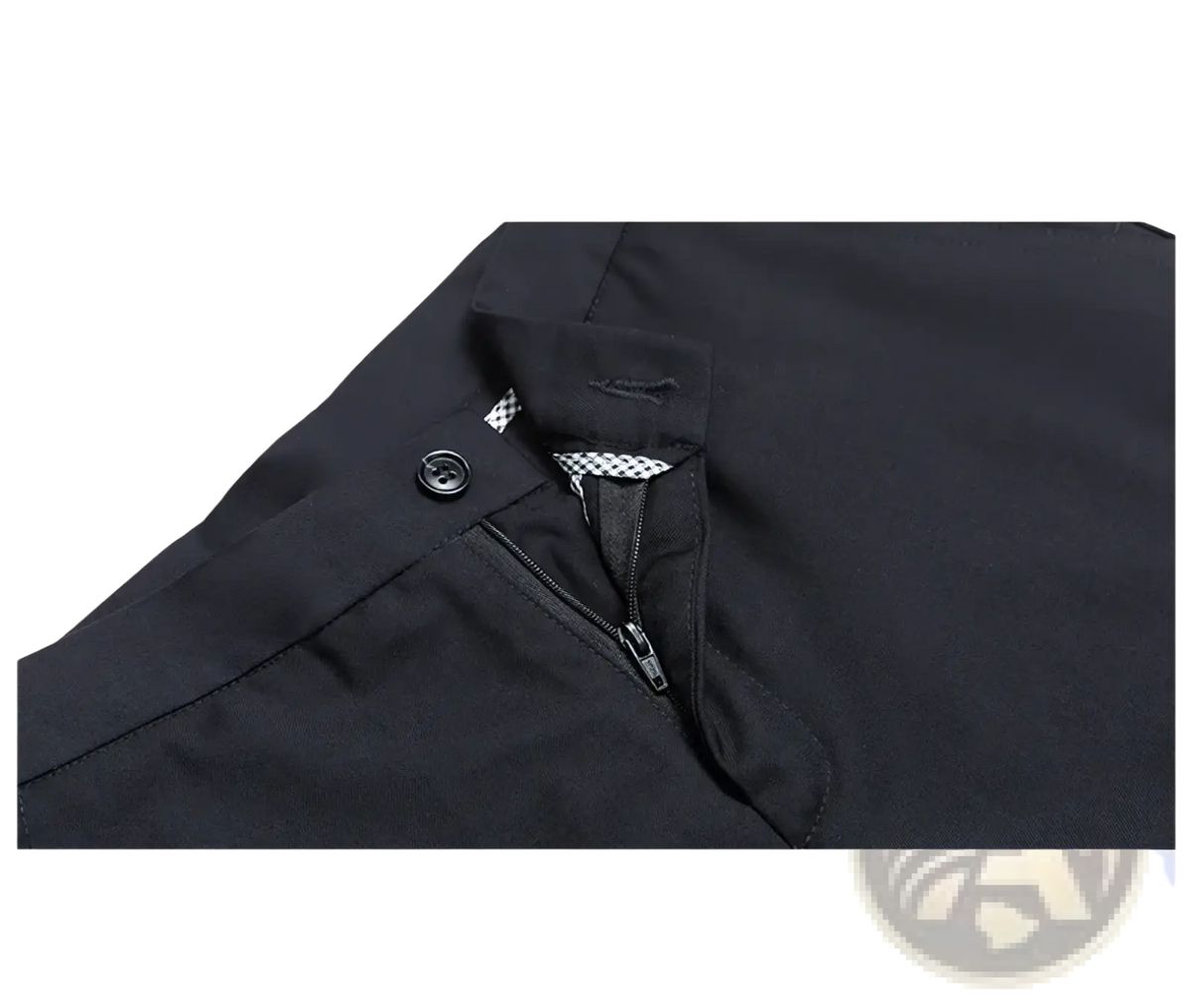 Women black formal office trousers with sleek zipper and subtle checkered lining in jacket style design