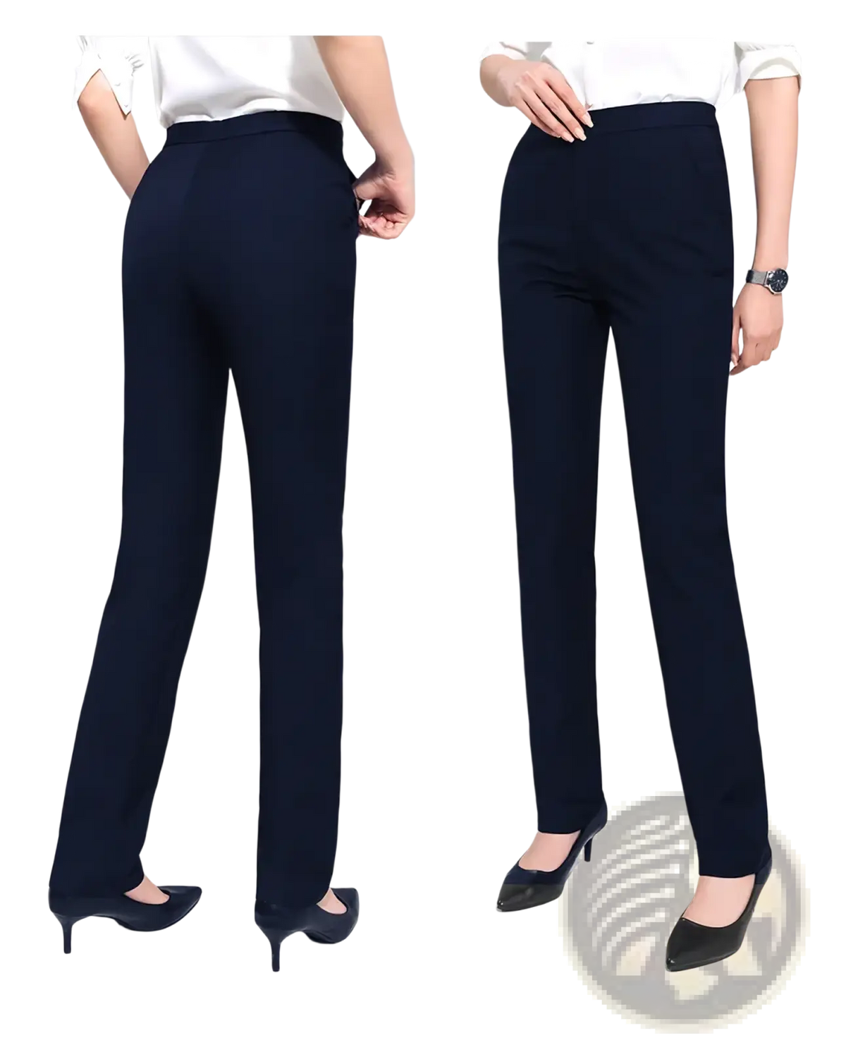 Women black formal office trousers in navy blue high-waisted straight-leg design with smooth tailored fabric