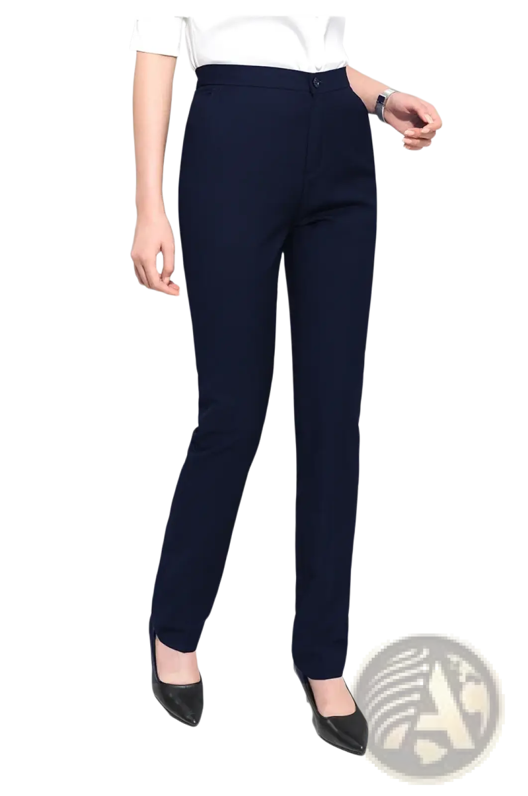 Navy blue high-waisted tailored trousers with sleek straight-leg cut and subtle front button closure for women black formal office wear