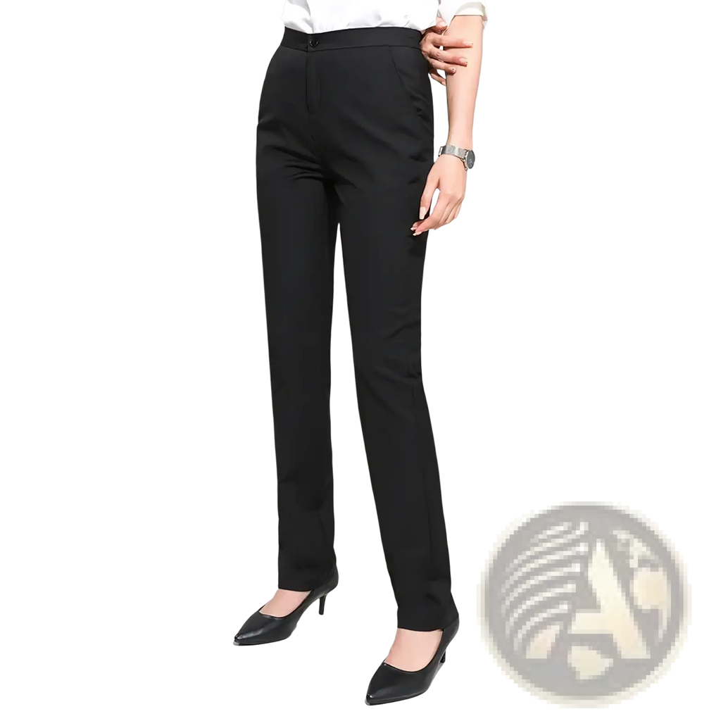 Women black formal office trousers with sleek fabric straight-leg cut and subtle creases for professional wear