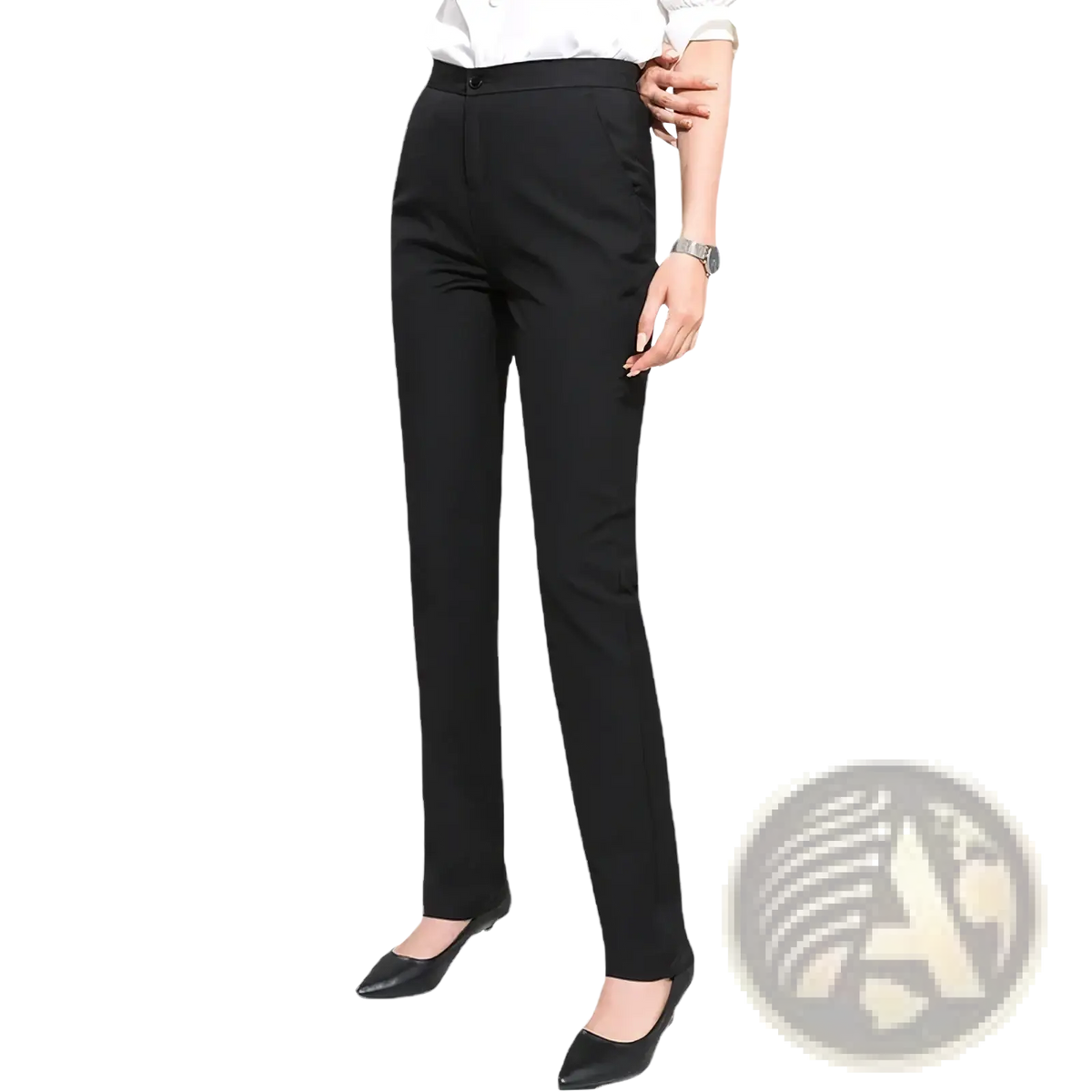 Women black formal office trousers in sleek fabric with straight-leg cut and subtle crease detail