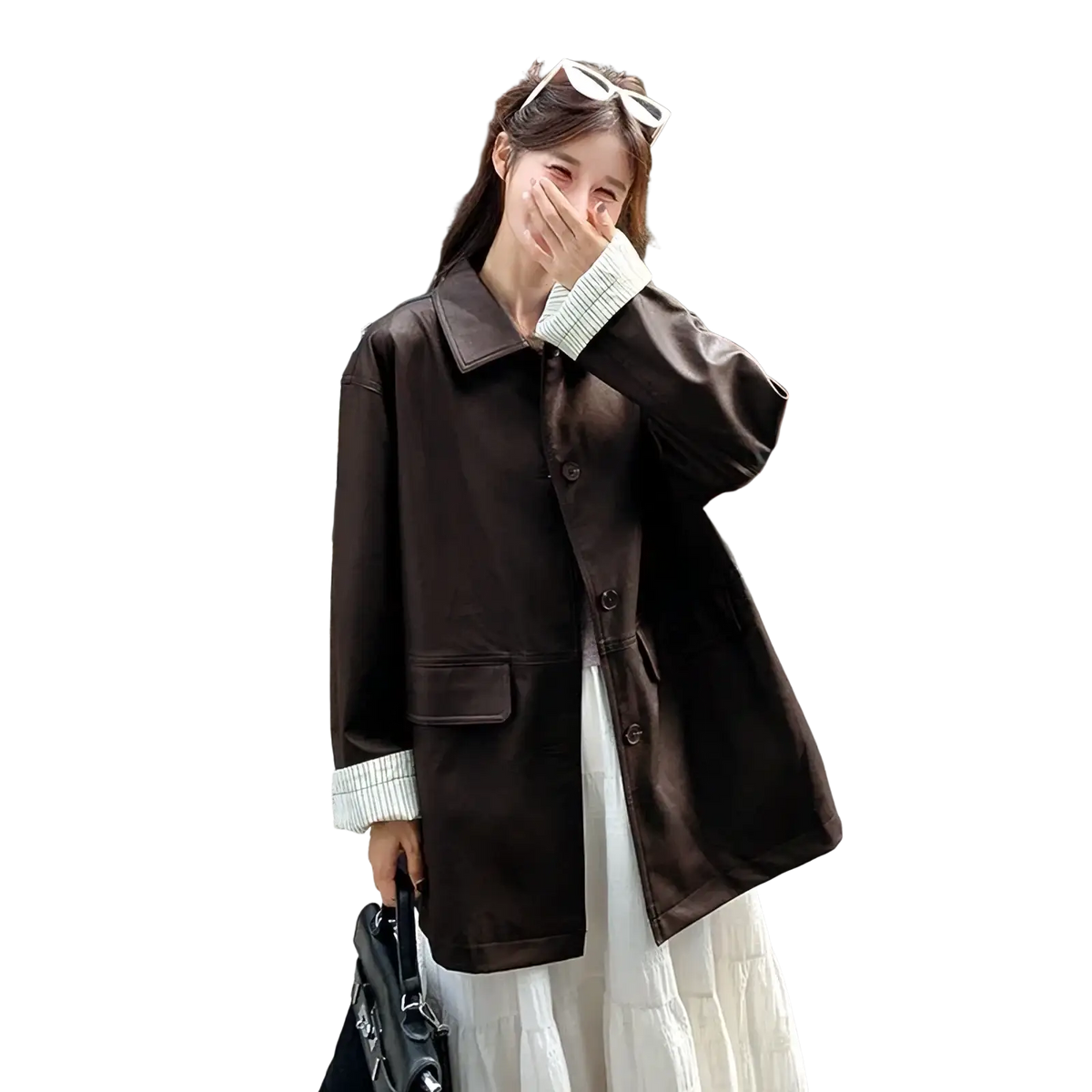 Brown leather coat with contrasting green ribbed cuffs and collar for women black leather jacket style