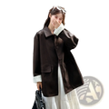 Brown leather coat with contrasting green ribbed cuffs and collar for women black leather jacket style