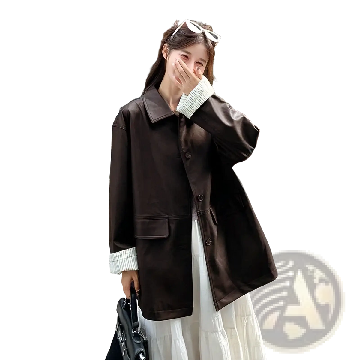 Brown leather coat with contrasting green ribbed cuffs and collar for women black leather jacket style