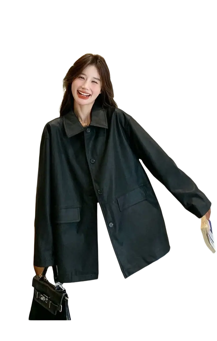 Women black leather button-up jacket with classic collar green ribbed cuffs and two front pockets