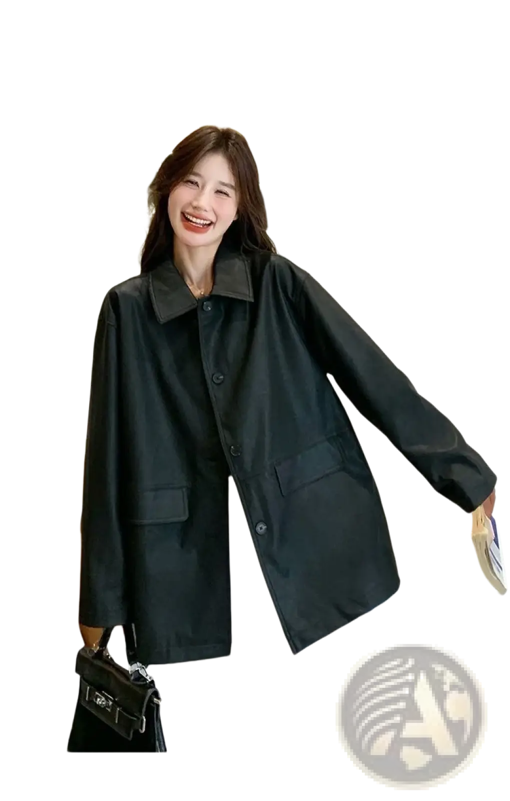 Women black leather button-up jacket with classic collar green ribbed cuffs and two front pockets