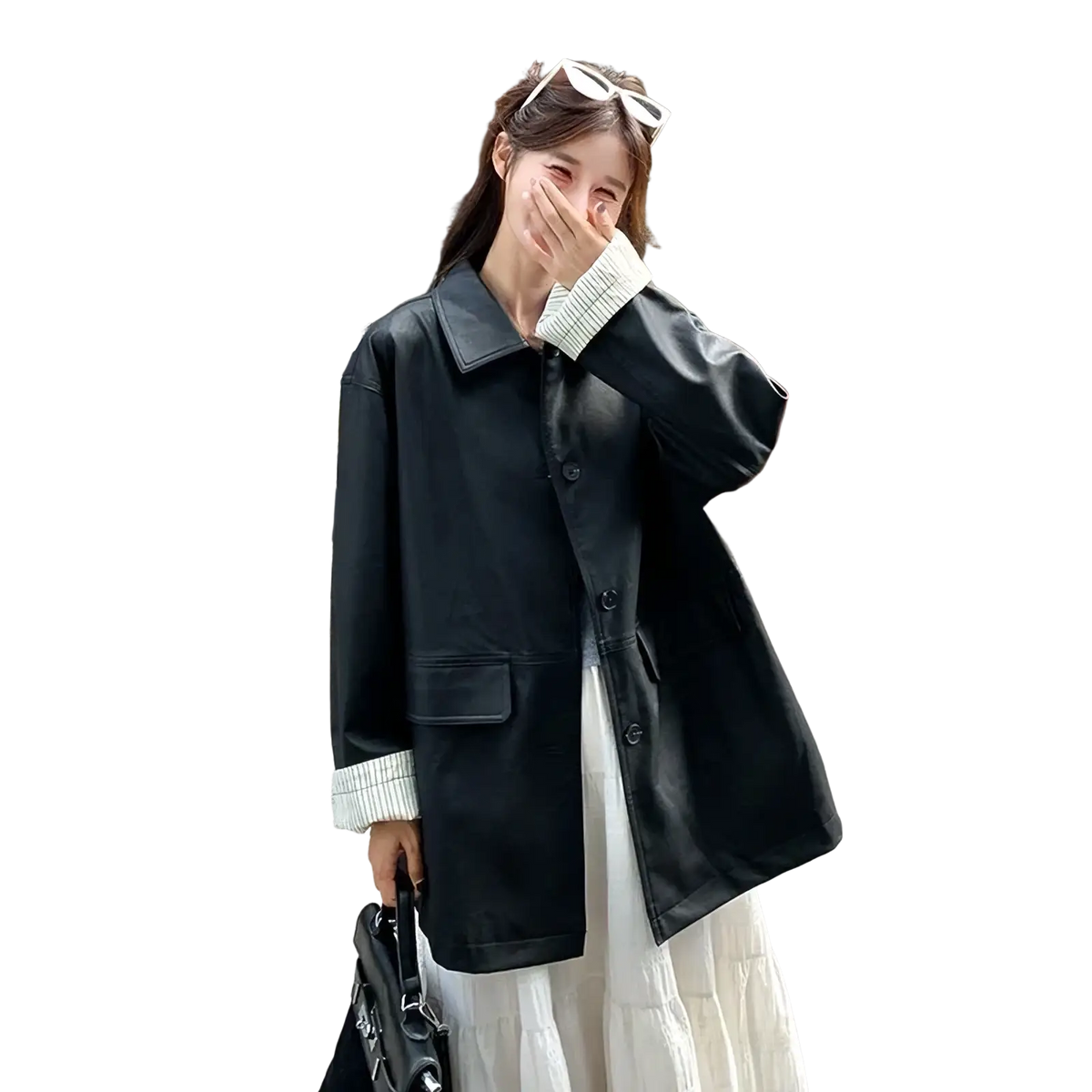 Women black leather jacket with green ribbed cuffs and front button closure made of leather-like material