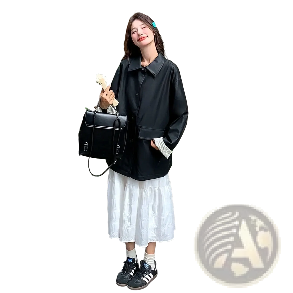 Black leather satchel with silver hardware and structured rectangular shape paired with women black leather jacket green ribbed cuffs