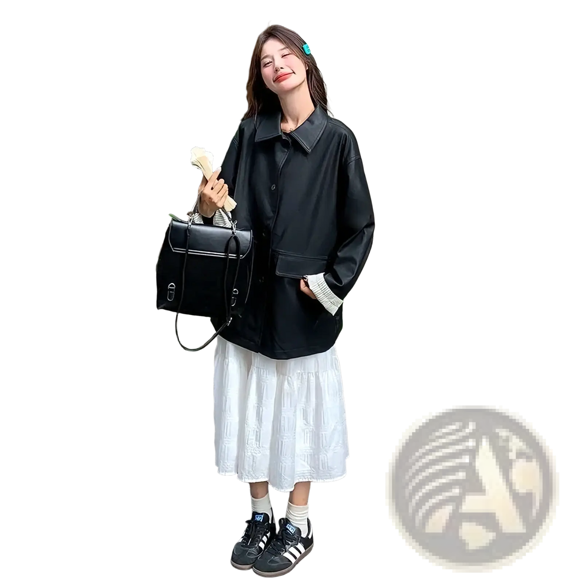 Black leather satchel with silver hardware and structured rectangular shape paired with women black leather jacket green ribbed cuffs