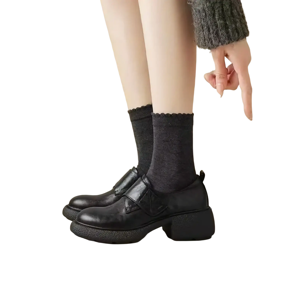 Women black leather platform loafers with chunky heel and decorative strap for stylish formal wear