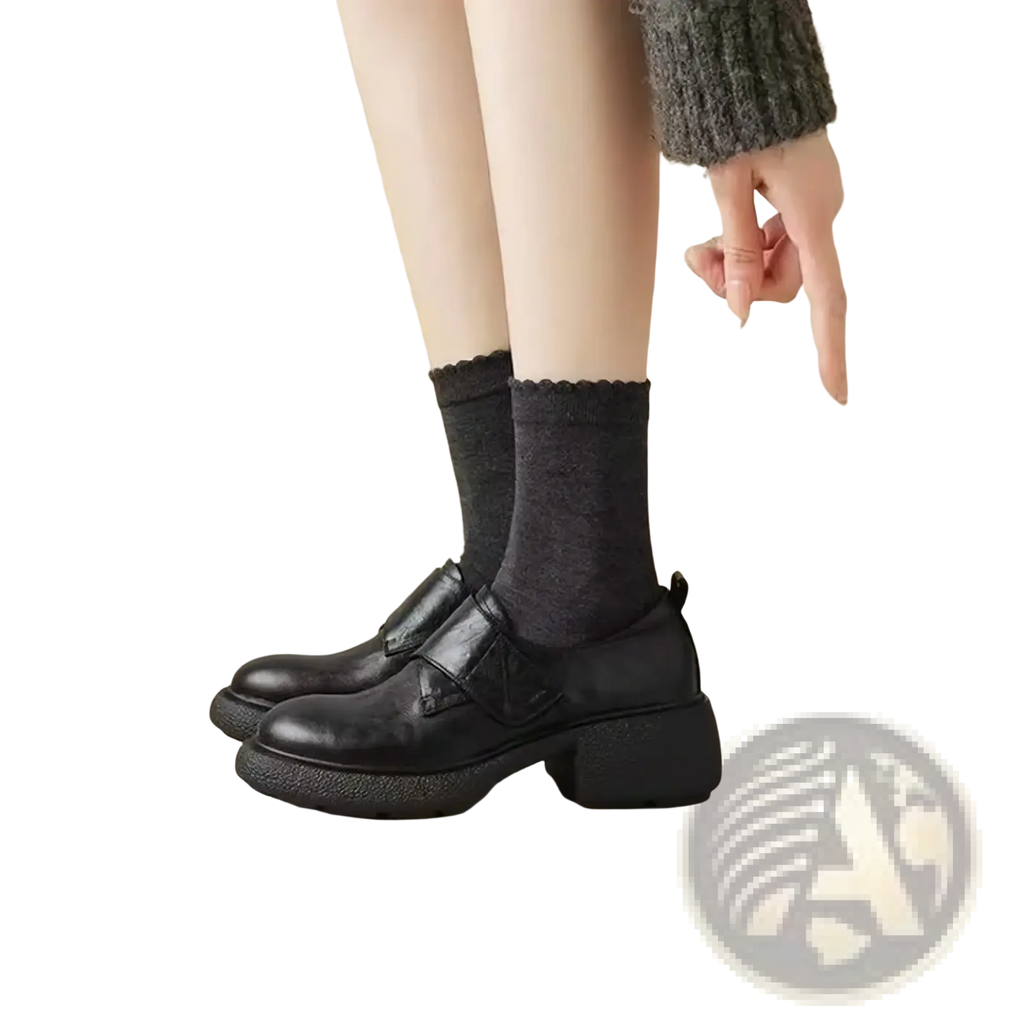 Women black leather platform loafers with chunky heel and decorative strap for stylish formal wear