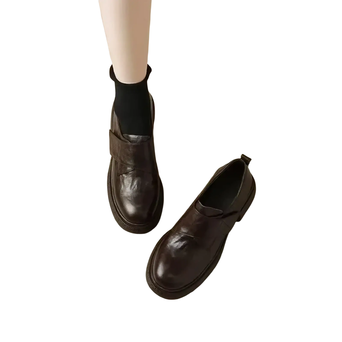 Women black leather platform loafers with dark brown slip-on design, chunky sole, and elastic strap