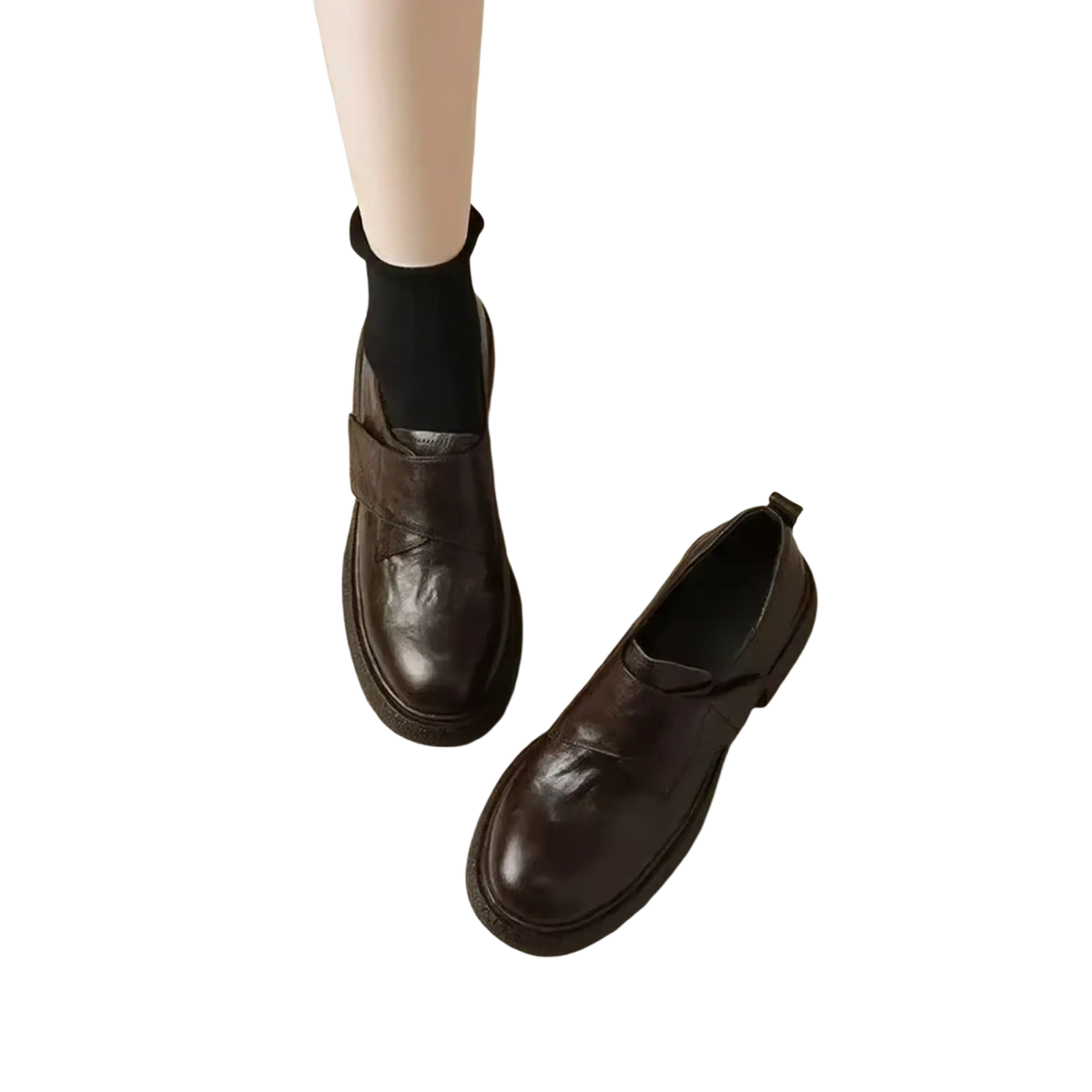 Women black leather platform loafers with dark brown chunky sole slip-on design and elastic side strap