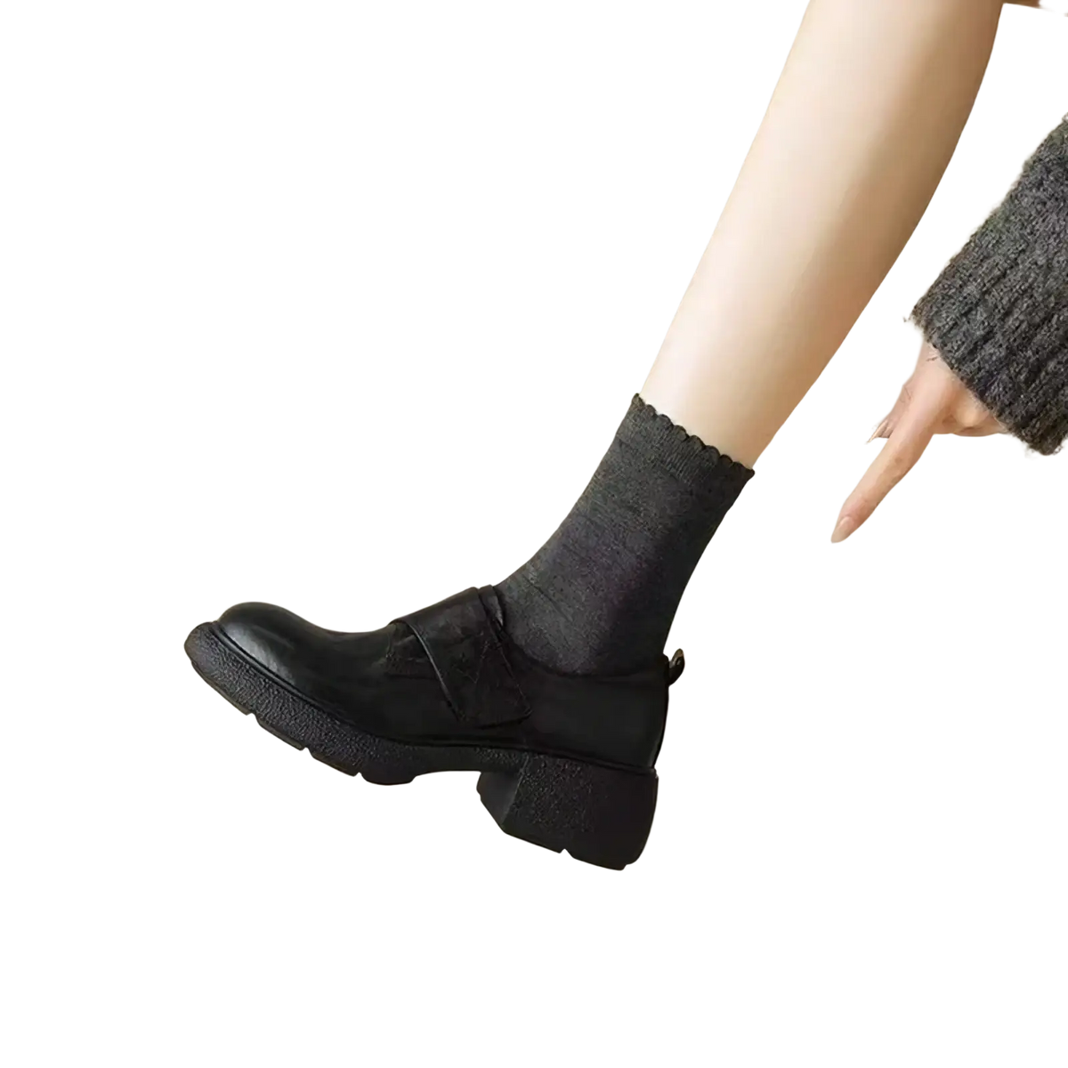Black leather mary jane shoe with chunky heel and textured sole for women black leather platform loafers