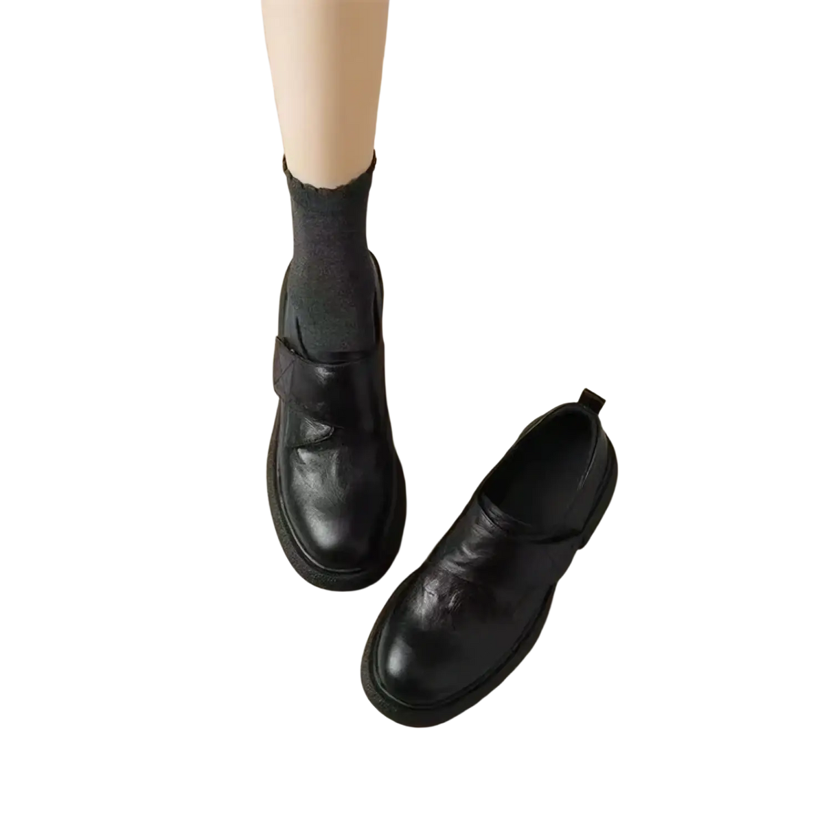 Women black leather platform loafers with matte finish slip-on design and thick soles for stylish comfort