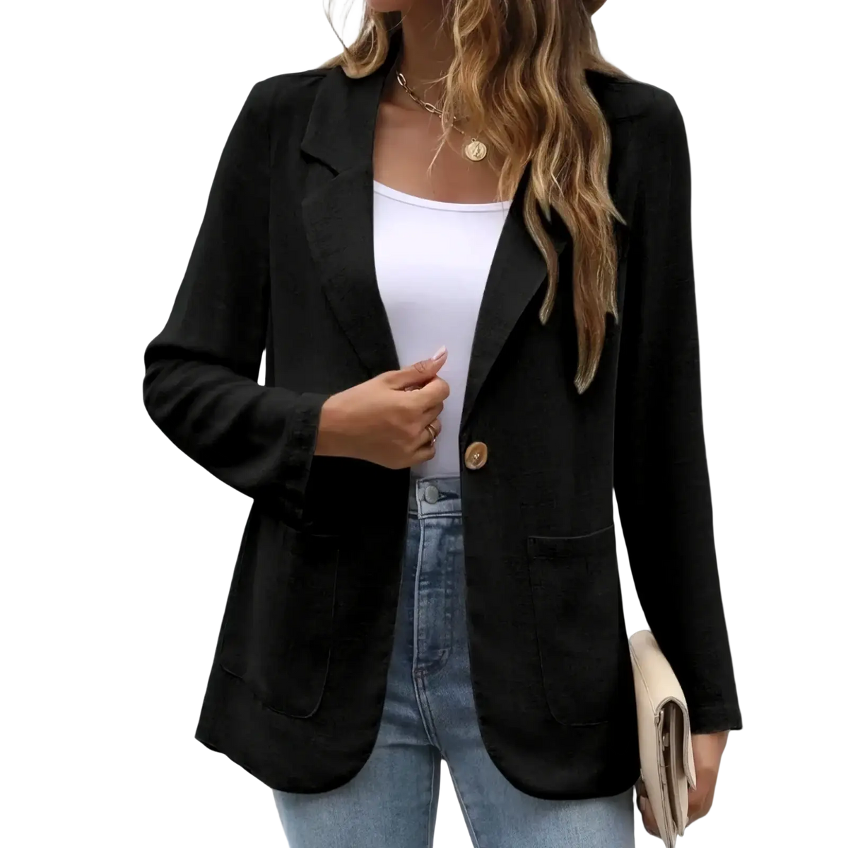 Women black single breasted blazer jacket with a single gold button and flap pockets in a sleek tailored design