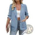 Women black single breasted blazer jacket with light blue linen fabric, rolled sleeves, and gold tone buttons