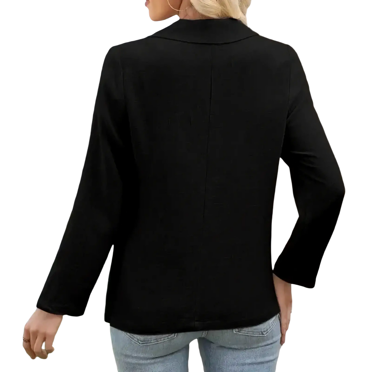 Women black single breasted blazer jacket showing back side with long sleeves classic collar and straight seam