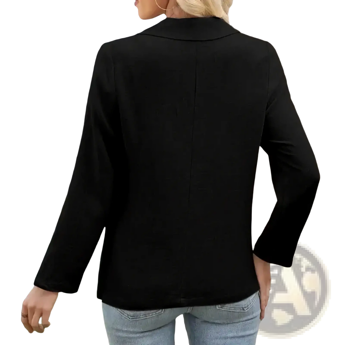 Women black single breasted blazer jacket showing back side with long sleeves classic collar and straight seam