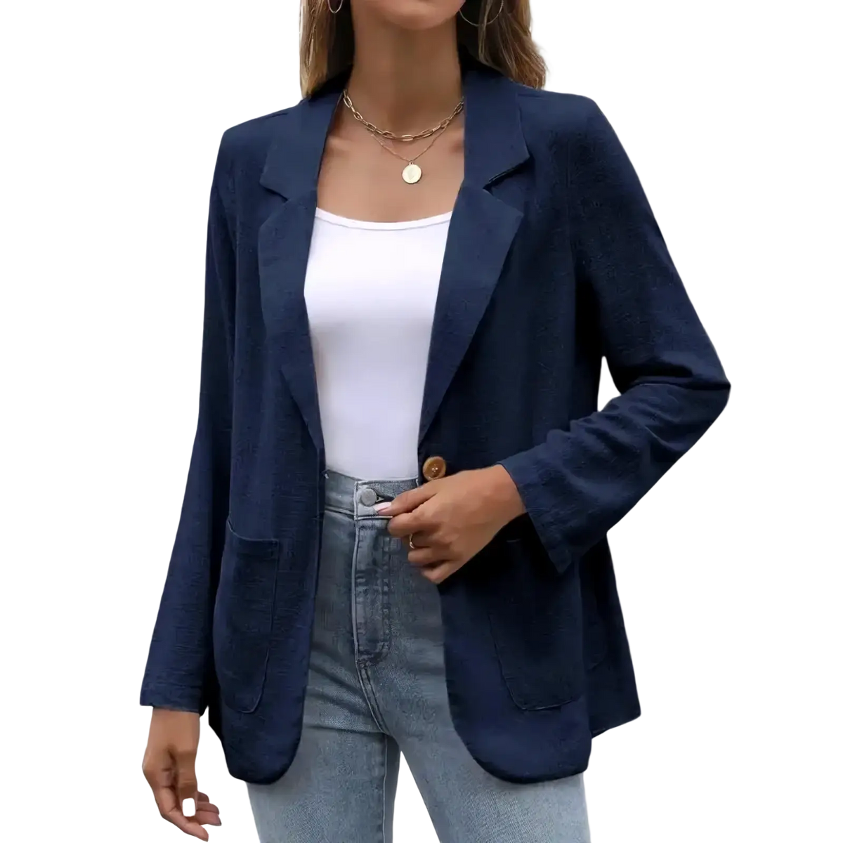 Navy blue linen women single breasted blazer jacket with notched lapels and a single button closure