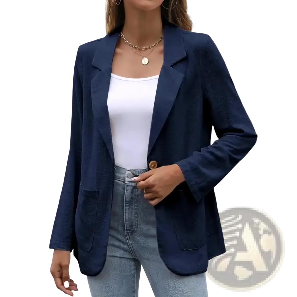 Navy blue linen women single breasted blazer jacket with notched lapels and a single button closure