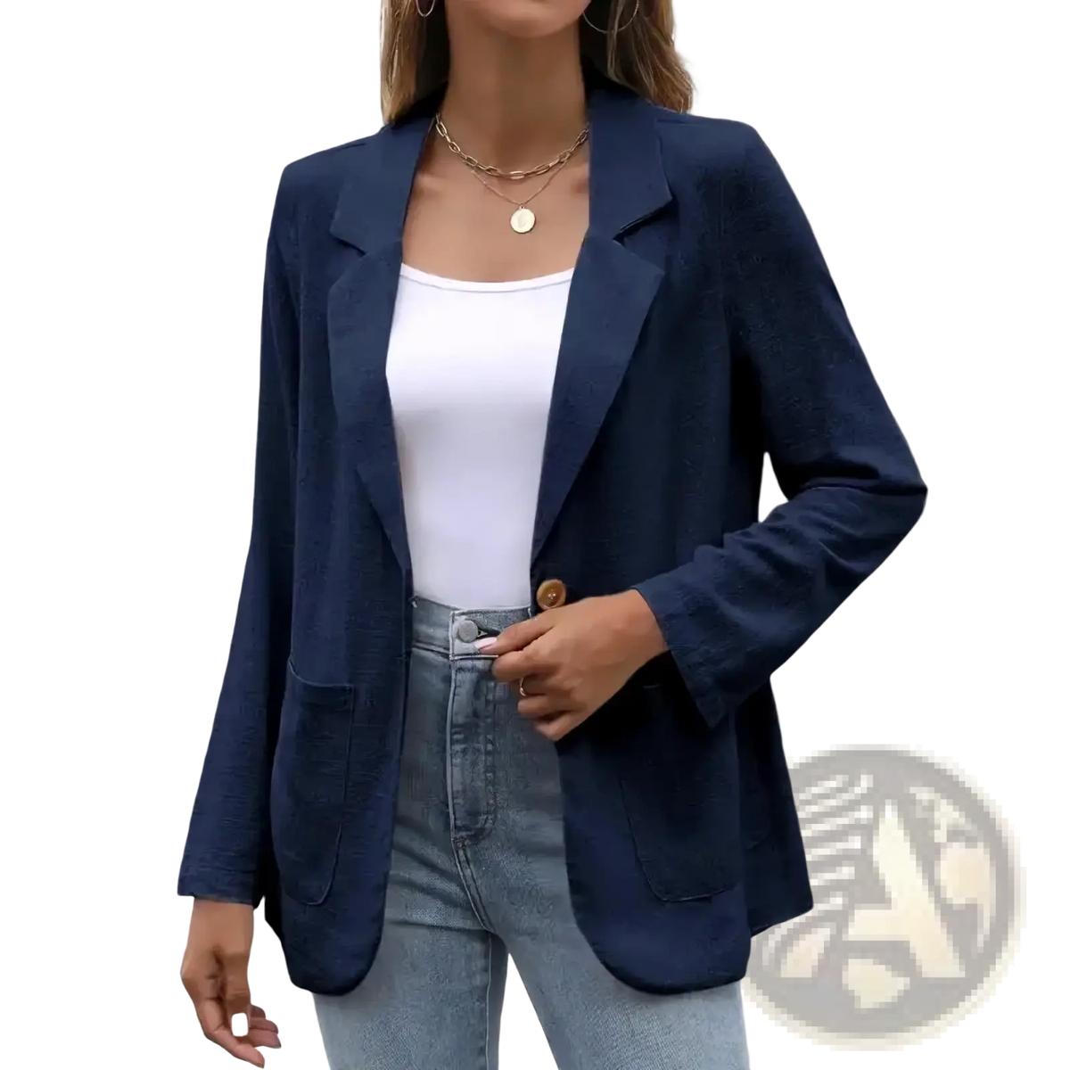 Navy blue linen women single breasted blazer jacket with notched lapels and a single button closure
