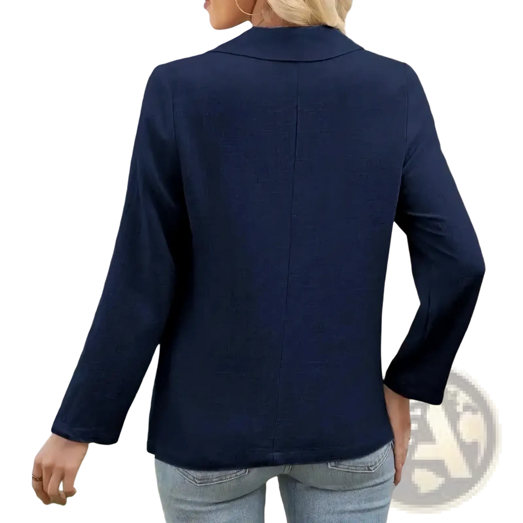 Women black single breasted blazer jacket shown from the back with navy blue long sleeves and classic collar details