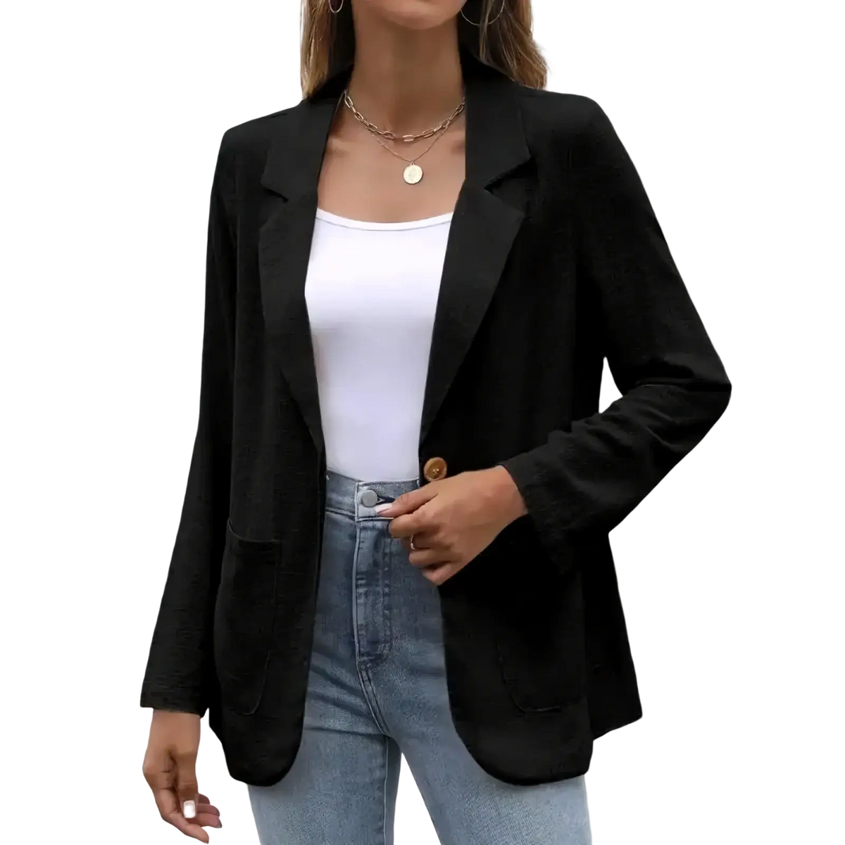 Women black single breasted blazer jacket with a sleek tailored fit and subtle textured fabric for formal wear