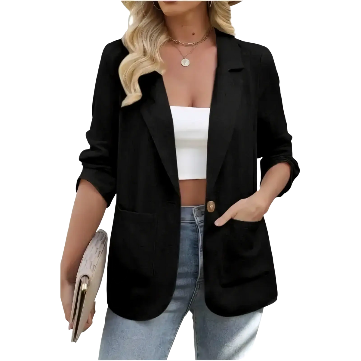 Women black single breasted blazer jacket with sleek tailored fit and gold toned button closure