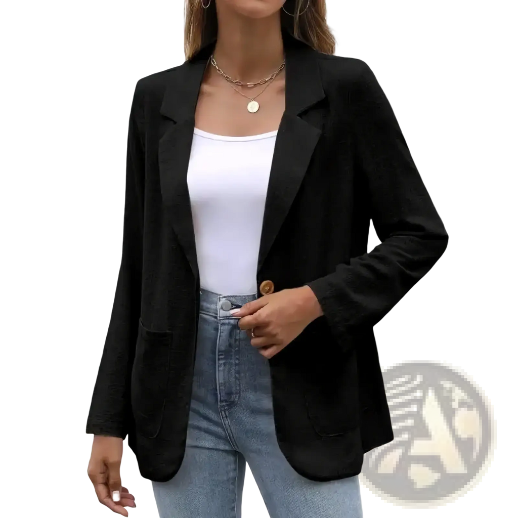 Women black single breasted blazer jacket with a sleek tailored fit and subtle textured fabric for formal wear
