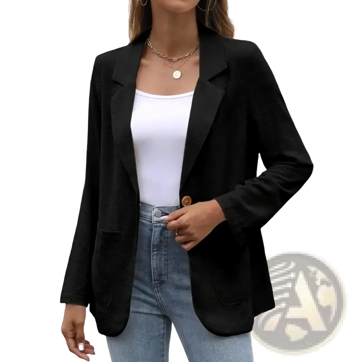 Women black single breasted blazer jacket with a sleek tailored fit and subtle textured fabric for formal wear