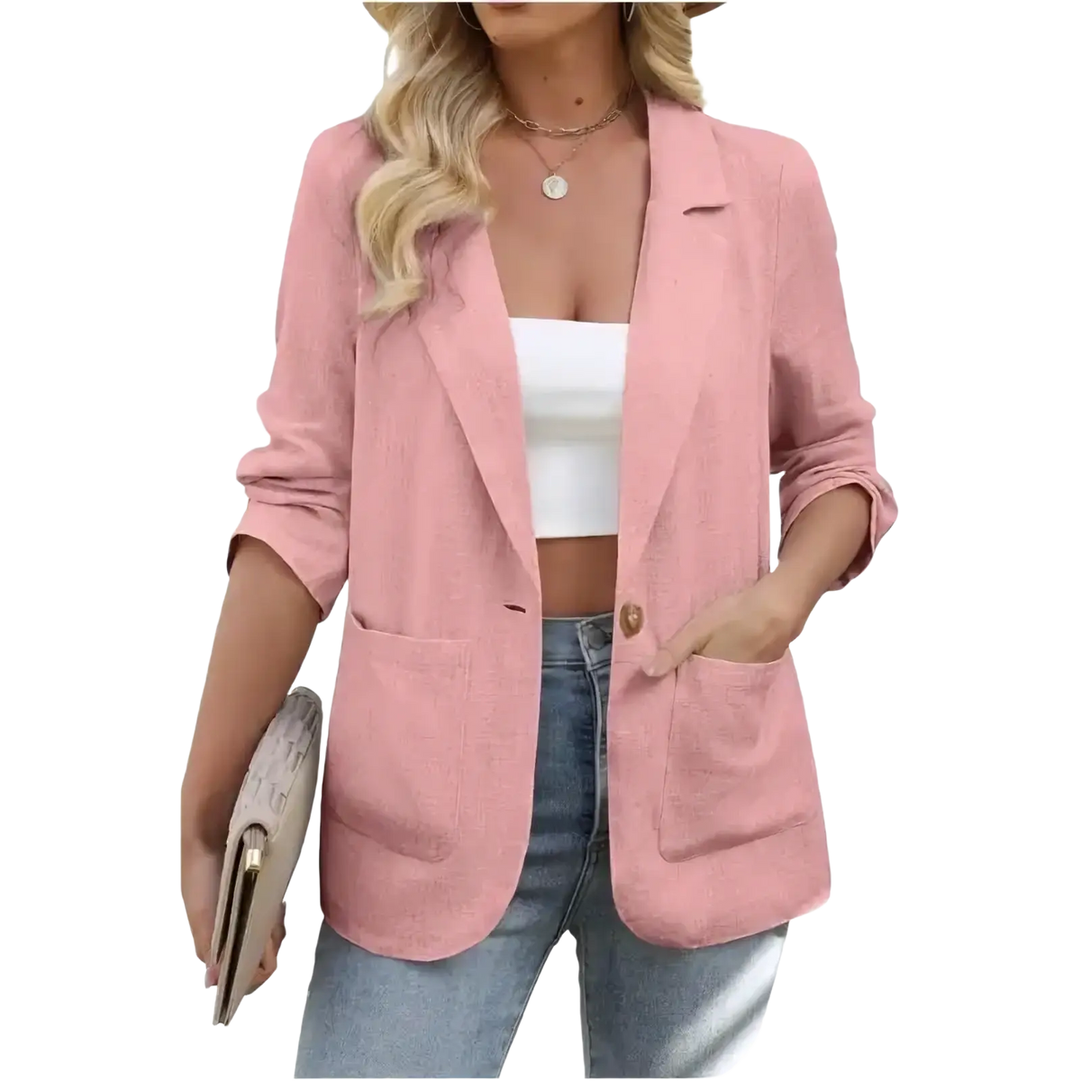 Women black single breasted blazer jacket in soft pink lightweight fabric with relaxed fit and rolled up sleeves