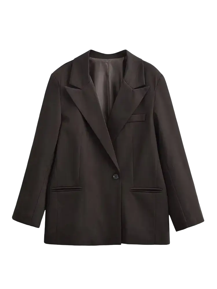 Women black single button blazer with structured lapels designed as formal outerwear in a sleek material