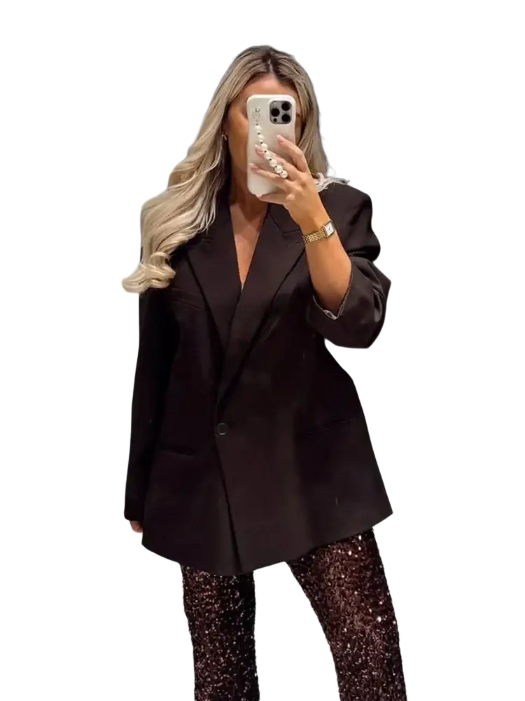 Women black single button blazer with a sleek tailored fit and subtle sheen for formal outerwear