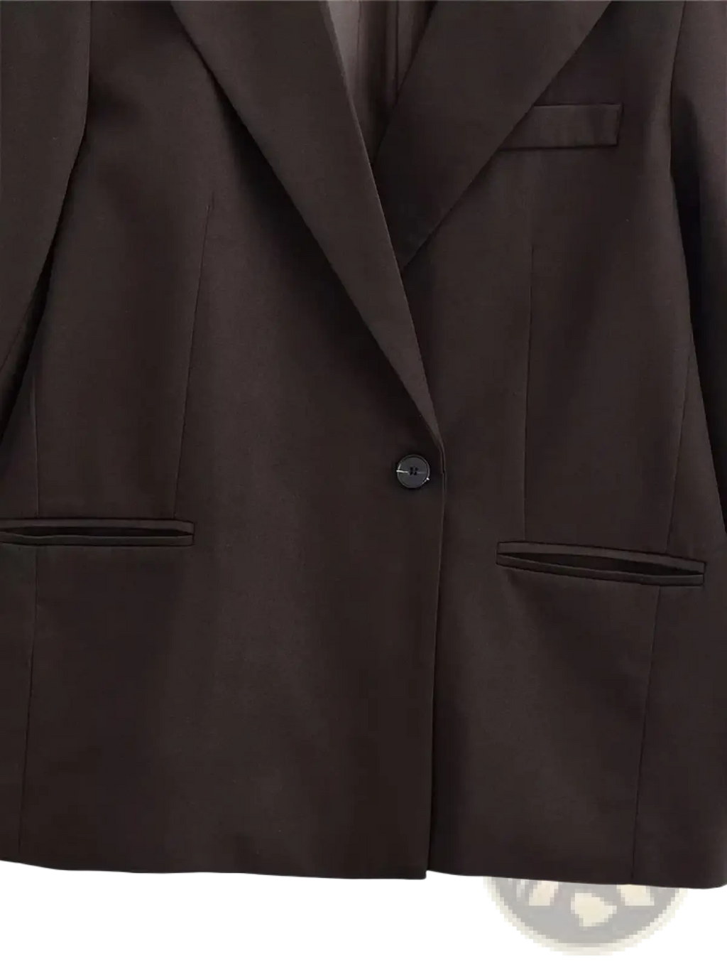 Women black single button blazer formal outerwear in sleek dark brown with structured silhouette and subtle sheen