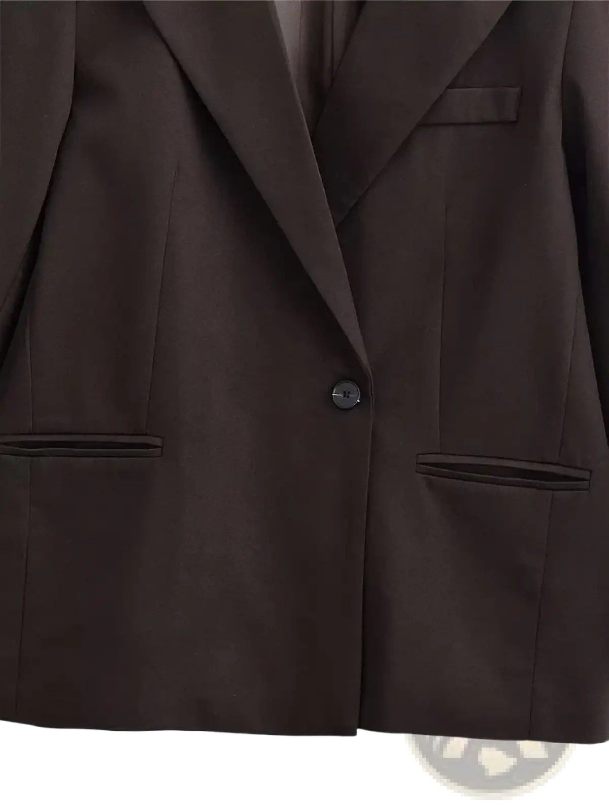 Women black single button blazer formal outerwear in sleek dark brown with structured silhouette and subtle sheen