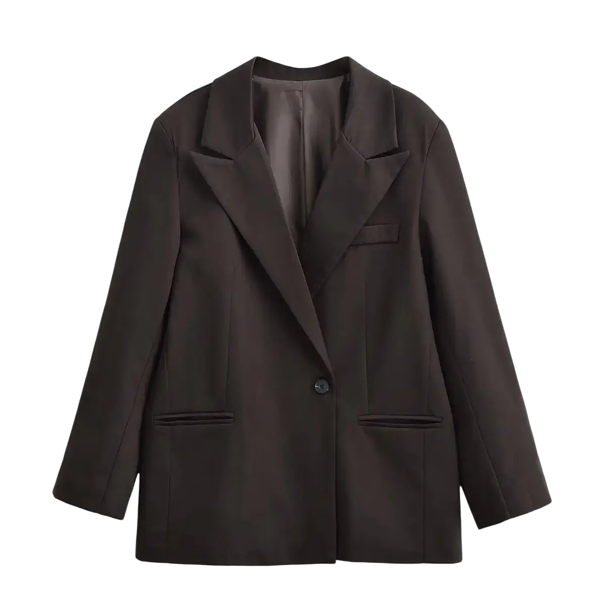 Women black single button blazer formal outerwear with structured lapels in sleek dark brown fabric