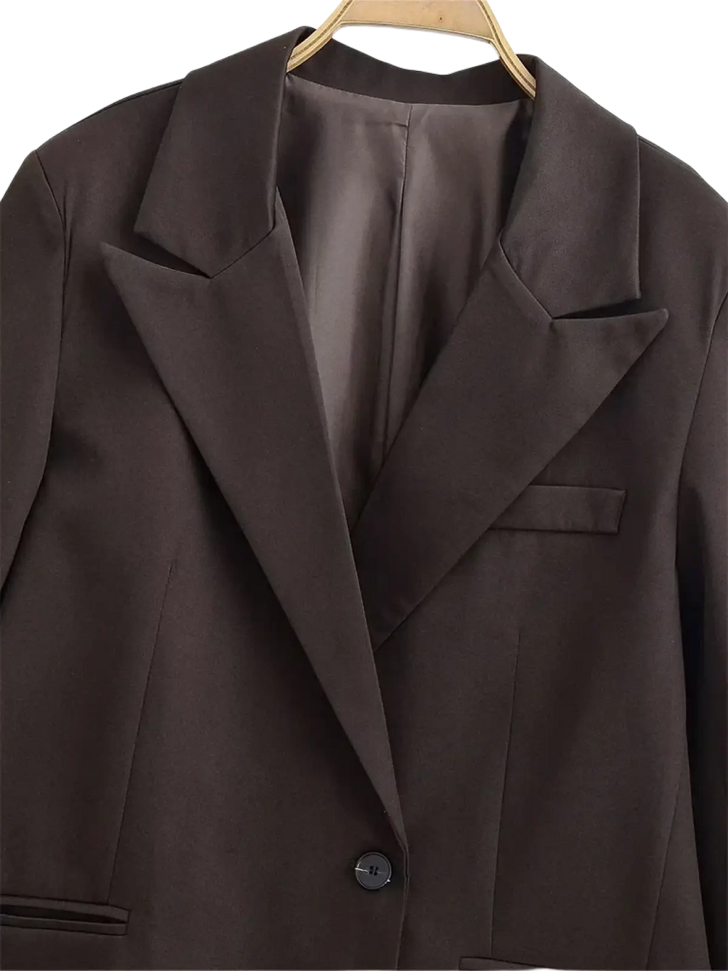A sleek dark brown women black single button blazer with structured collar and subtle sheen for formal outerwear