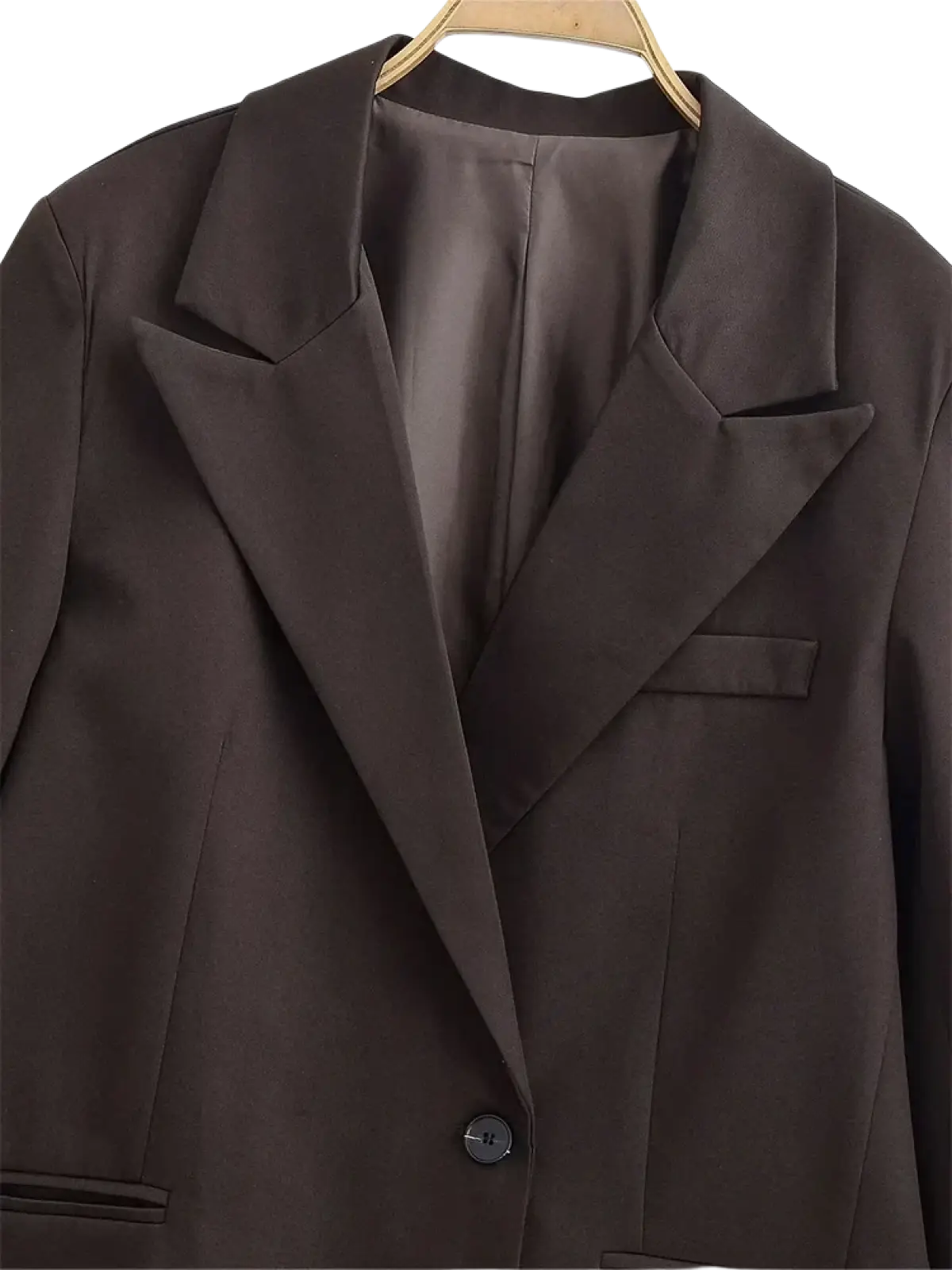 A sleek dark brown women black single button blazer with structured collar and subtle sheen for formal outerwear