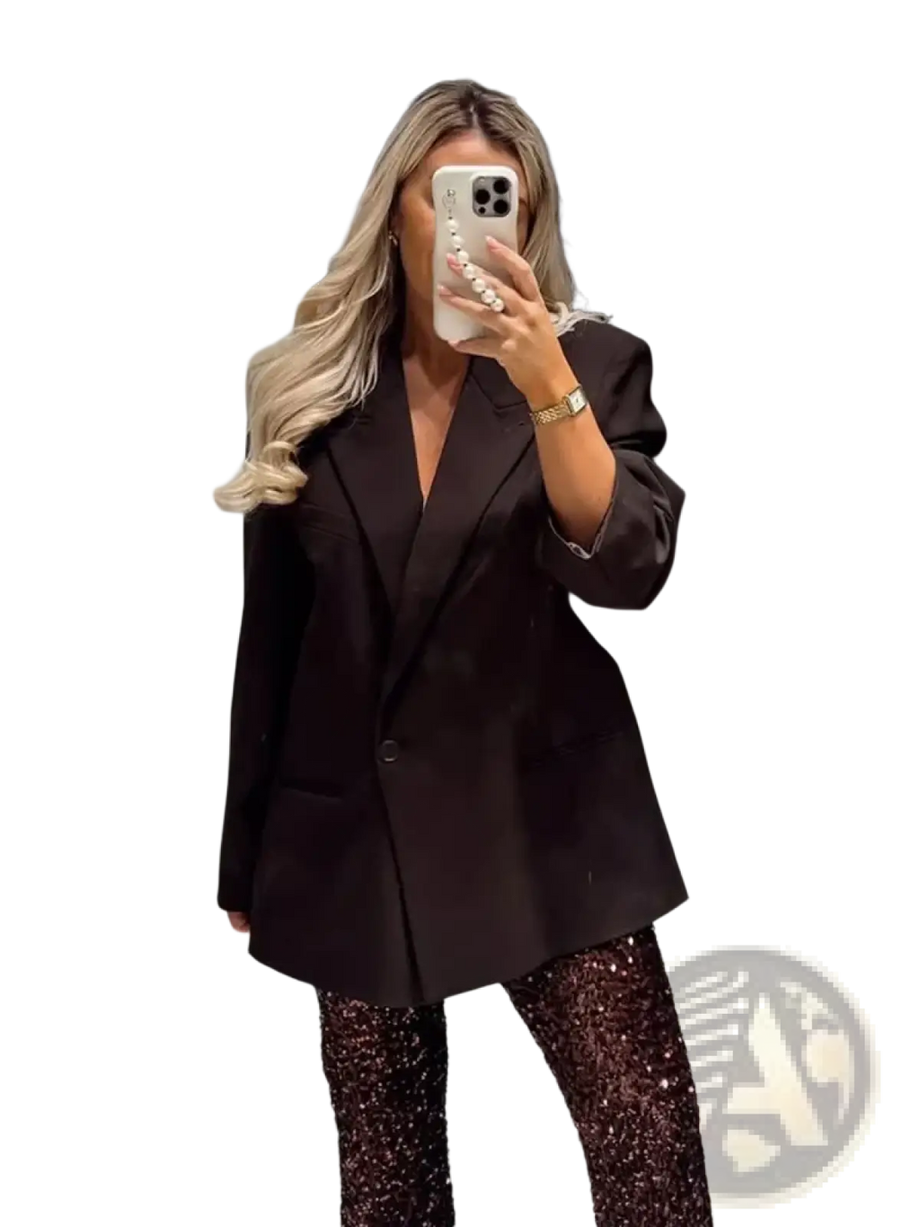 Women black single button blazer with a sleek tailored fit and subtle sheen for formal outerwear