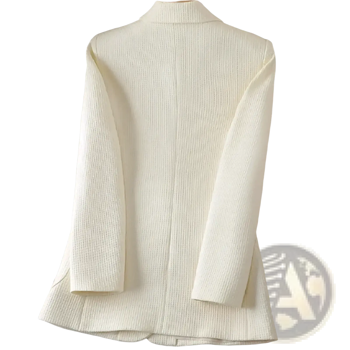 Women black solid knit blazer featuring a cream-colored ribbed knit fabric with a structured tailored fit