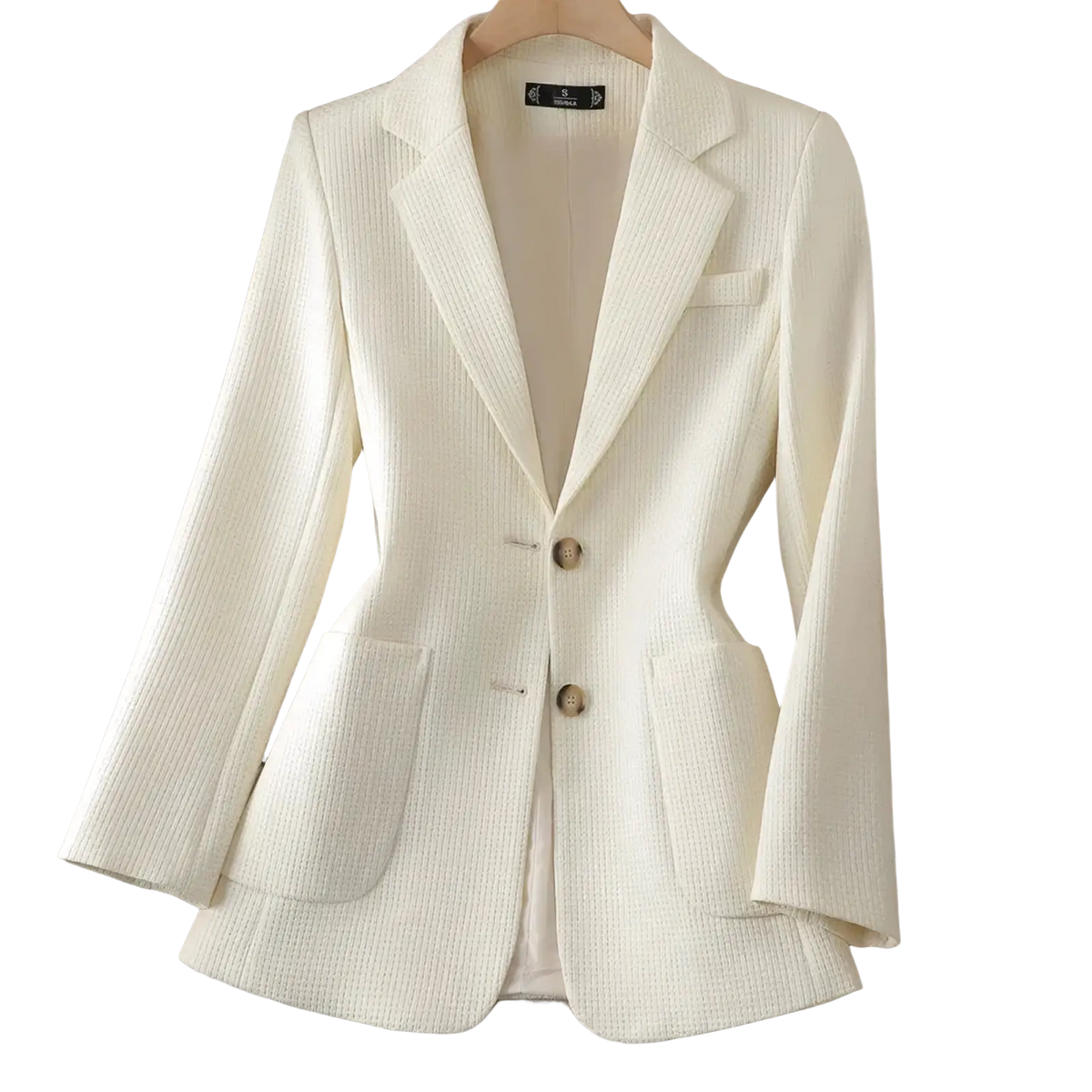 Women black solid knit blazer featuring a cream-colored ribbed textured fabric with two front buttons