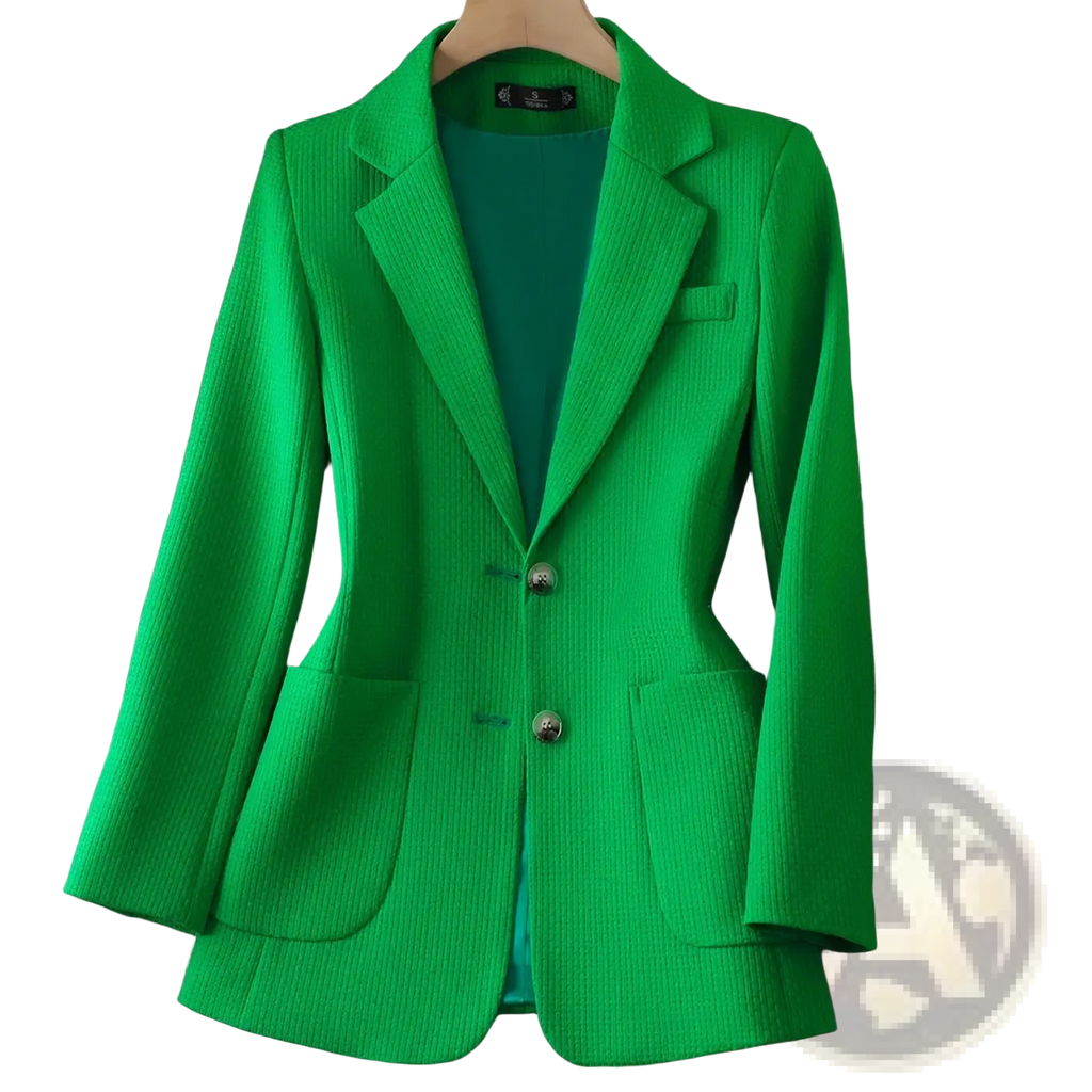 Women black solid knit blazer with vibrant green ribbed knit fabric and matching teal inner lining displayed