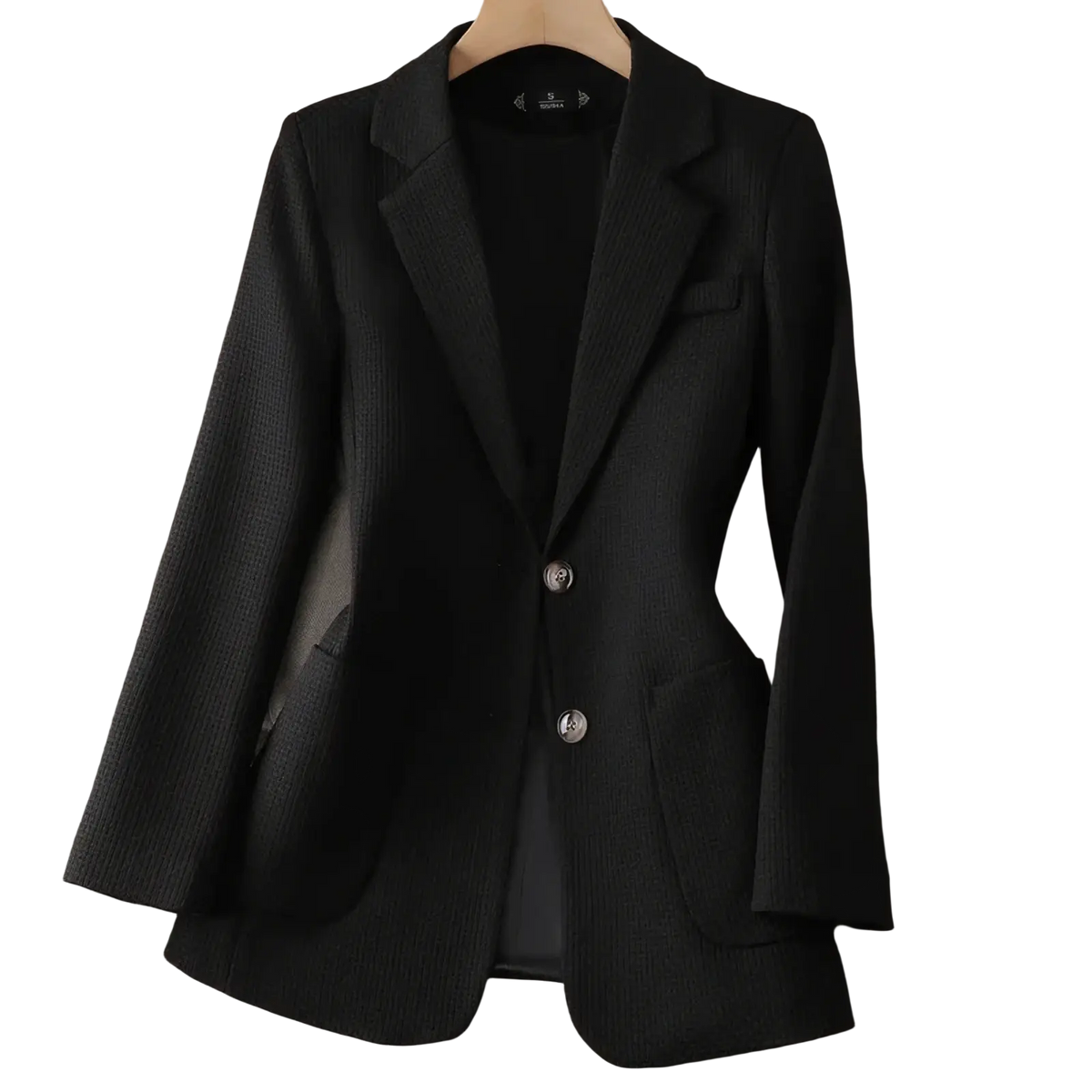 Women black solid knit blazer featuring textured fabric silver buttons and a tailored fit for a polished look
