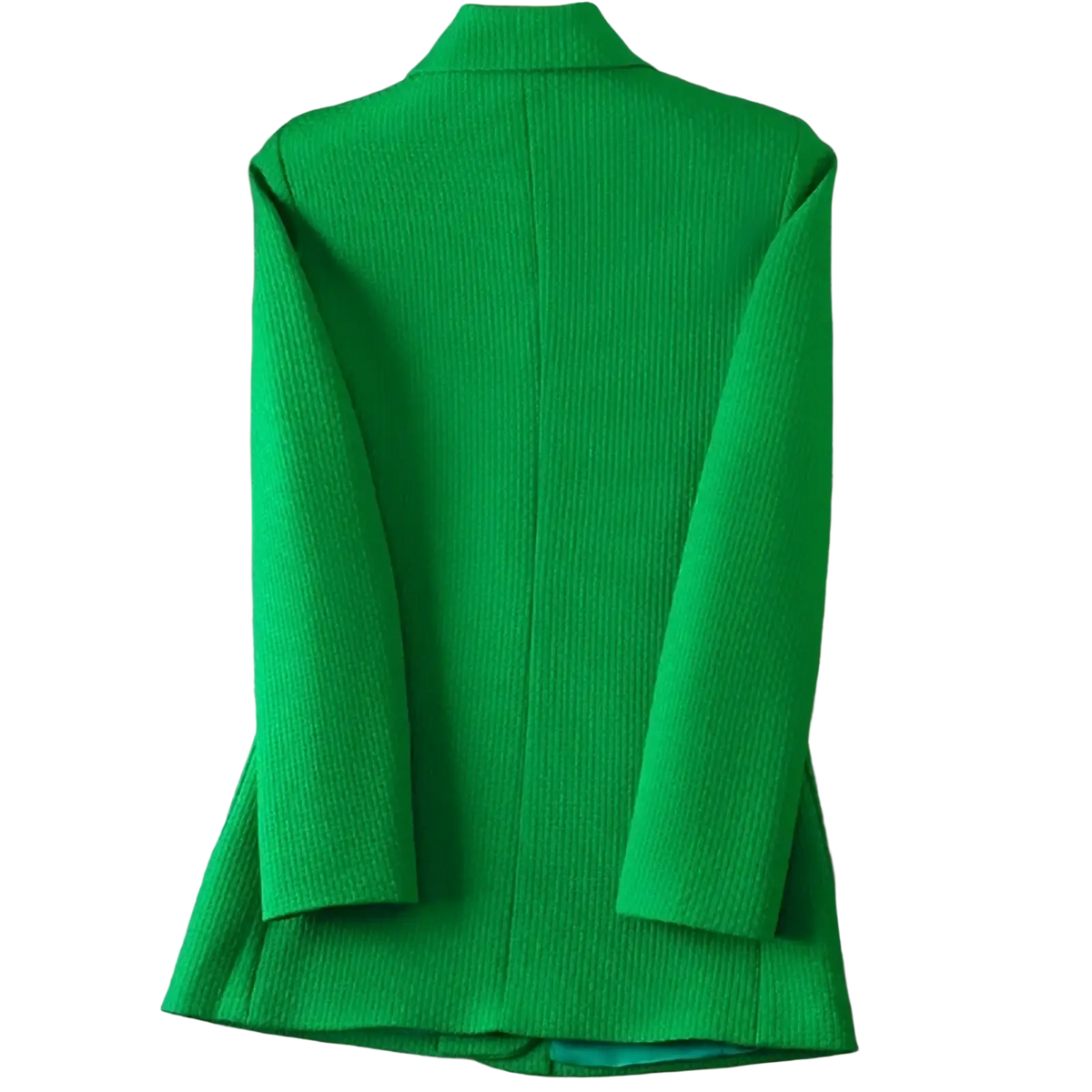 Women black solid knit blazer in vibrant green ribbed fabric with structured collar and long sleeves