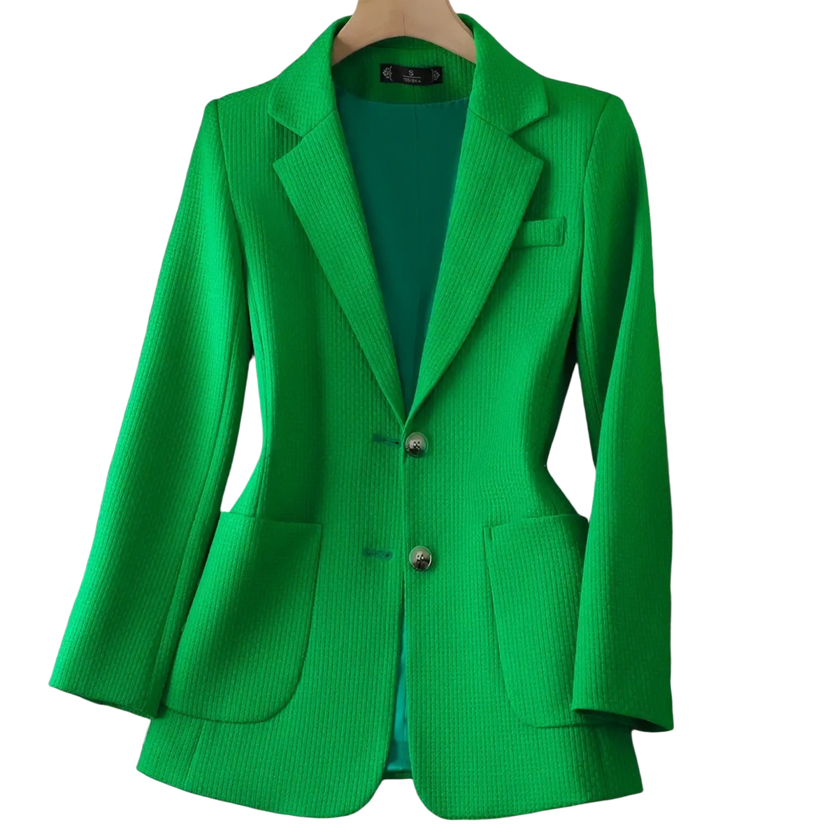 Women black solid knit blazer with vibrant green ribbed knit fabric and matching teal inner lining displayed
